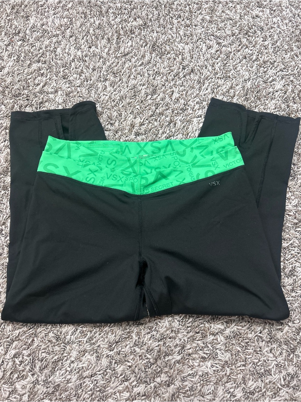 Victoria's Secret Black Leggings with Bright Green Branded Waistband